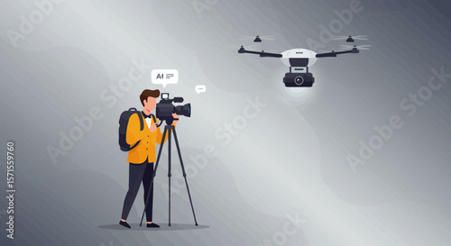 Cinematic Duo: A film crew member interacts with a modern drone. The person sets up a camera, ready for capture from the sky.