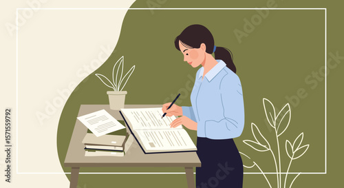 Focused Professional: A young professional woman is intently focused as she meticulously writes or signs a document at her desk, a symbol of productivity and dedication in a clean office environment.