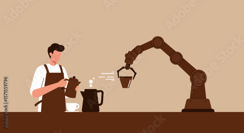 Coffee Automation: A barista, with a coffee machine preparing the perfect brew, demonstrating the cutting-edge coffee-making automation. Featuring the harmony between technology and the art of coffee.