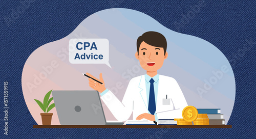 CPA Advice in Office: A friendly CPA in a professional office setting is depicted, he gives advice in a speech bubble, demonstrating financial advice in a professional environment. 
