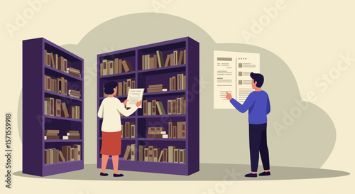Library Readers: A view of two individuals engrossed in the world of literature within a library setting. One person meticulously examines books on the shelf.