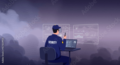 Cybersecurity Watch: A vigilant security guard monitors intricate digital interfaces, ensuring the safety and integrity of vital data, in a futuristic environment.