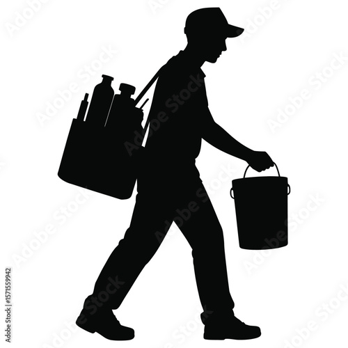 Silhouette vector of medical aid worker carrying supplies isolated on black and white background symbolizing care and relief