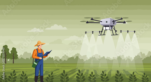 Drone Spraying Crops: A farmer oversees an agricultural drone spraying crops in a vast field, showcasing modern technology in farming.