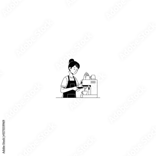 Line art illustration of a barista making coffee with an espresso machine.