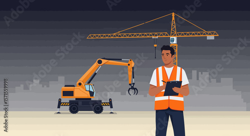 Construction Supervisor at Work: An illustrated scene capturing a construction supervisor at work with a crane in the background.