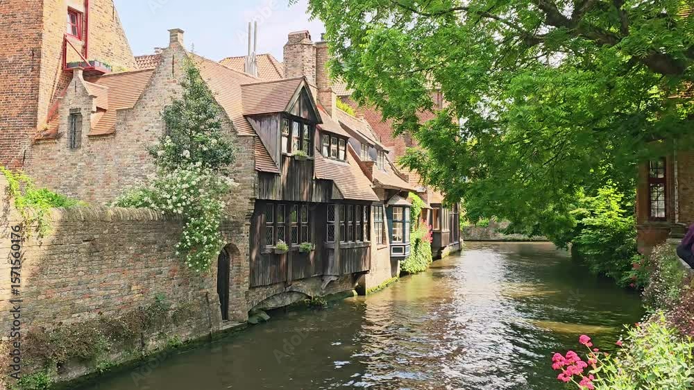 Beautiful old houses lining the canals of Bruges. Slow handheld panning motion.