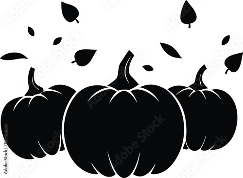 Three pumpkins with scattered leaves vector silhouette