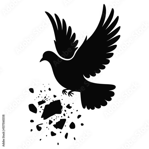 Silhouette vector of peace dove flying over shattered ground on black and white background