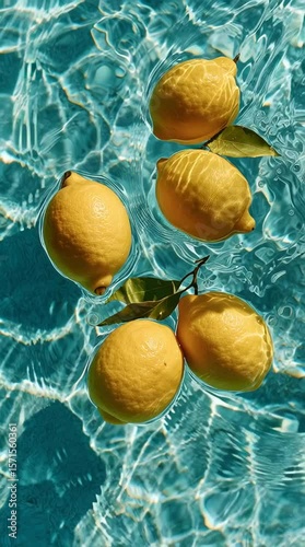 whole lemons gently bobbing on soft turquoise sea waves, subtle shimmering light reflections on the water surface, top-down view, calm and fresh atmosphere, no other objects