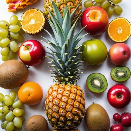 Fresh assortment of ripe fruits on black background and wooden table
