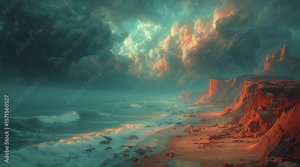 Cinematic animation of a dramatic coastline at night, featuring realistic waves receding on a sandy shore and epic glowing clouds.