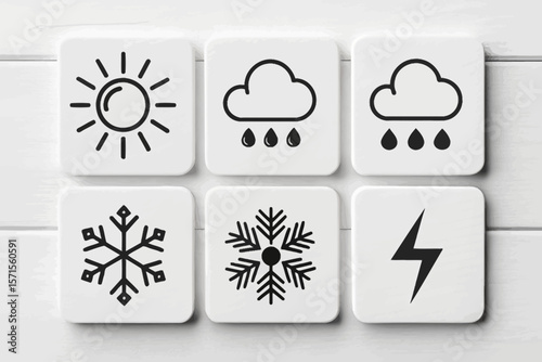 Isolated on white background are six square tiles displaying various weather icons