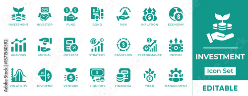 Investment Icon Set. Features icons of stocks, savings, ROI, portfolio, market growth, profit, and finance tools. Perfect for finance, fintech, and business apps.