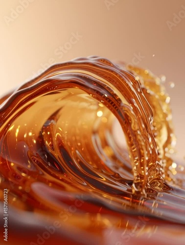 A hyperrealistic wave made of glossy skincare dark brown serum liquid, splashing toward the camera. The texture is smooth, translucent, and glowy, with golden light reflections and microdroplets