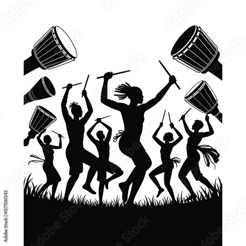 Striking silhouette vector of African dance celebration with drums and dynamic poses on black and white background