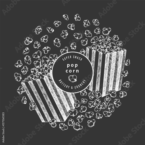 Hand Drawn Vector Pop Corn Illustration. Not AI Generated. Movie Night Chalk Board Background. Old Fashioned American Culture Banner. Vintage Popcorn Design Template.