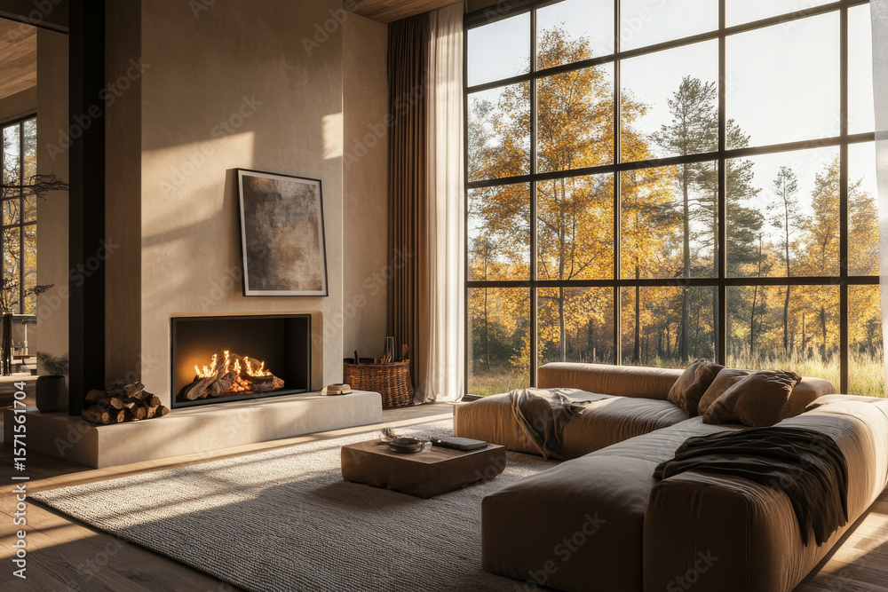 Naklejka premium Cozy modern living room features large fireplace, comfortable sectional sofa, and expansive windows showcasing autumn foliage. warm ambiance invites relaxation and comfort