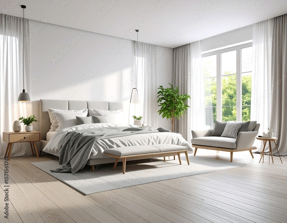 Fototapeta premium Modern bedroom interior, bright and airy