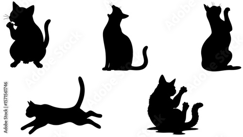 Stylish Silhouette Vector Set of Cats – Jumping, Sitting, Running, Playing and Relaxing Poses