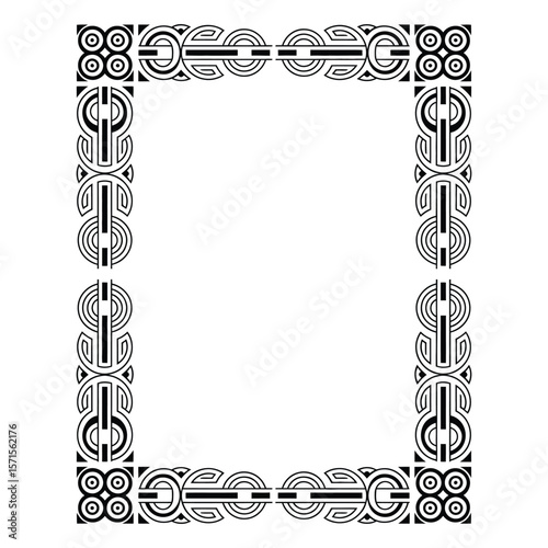 Vector border of ancient tribal symbols with Polynesian and Celtic motifs, featuring geometric shapes and stylized animals