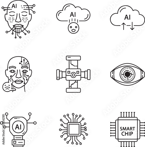 Artificial intelligence icons depicting human face cloud computing and computer chips technology
