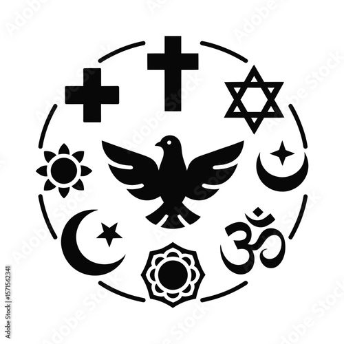 Vector icon set of unity of religious symbols in harmony circle silhouette on black and white background