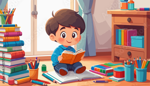 Educational Vector Scene with Reading Child and Art Materials