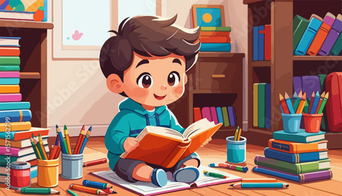 Kid Studying Surrounded by Books and Creative Supplies