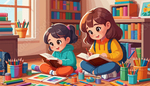 Two Girls Reading Together in a Colorful Room Full of Books and Art Supplies