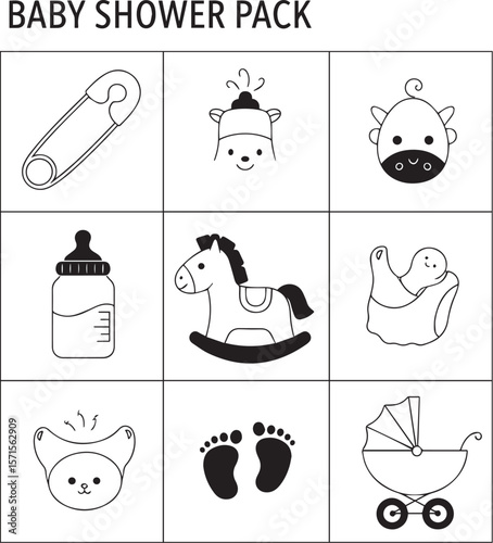 Baby shower icons safety pin bottle rocking horse baby carriage footprints pack