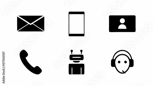 Illustration of contact methods including email phone call business card and customer service robot
