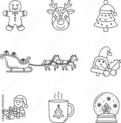 Christmas icons gingerbread reindeer sleigh horses santa mug snow globe holiday winter