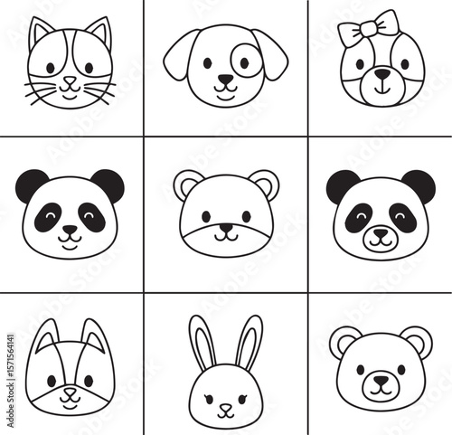 Cute animal faces in grid panda bear
