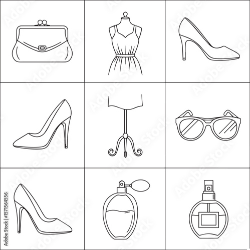 Fashion accessories including shoes purse dress and perfume vector
