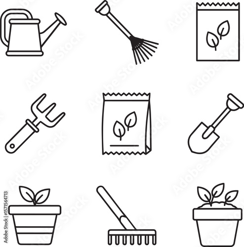 Gardening tools watering can rake shovel seed packets plant pots vector