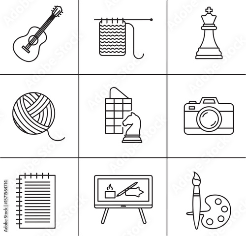 Guitar knitting chess ball camera notebook easel palette vector