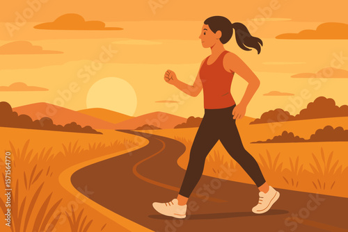 Athlete woman walking or jogging on a rural road during a beautiful sunset. Outdoor exercise and fitness concept for a healthy lifestyle. Modern flat cartoon vector illustration.