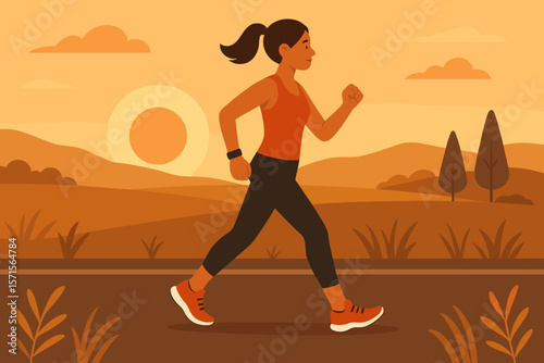 Athlete woman jogging on a rural road at sunset or sunrise. Healthy lifestyle, fitness, and cardio exercise concept. Active female runner outdoors. Flat vector cartoon illustration.