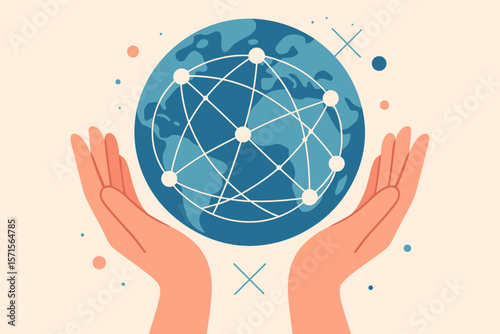 Global network connection concept. Hands holding planet earth with data nodes. Metaphor for communication, international business, technology, innovation, and science. Flat vector.