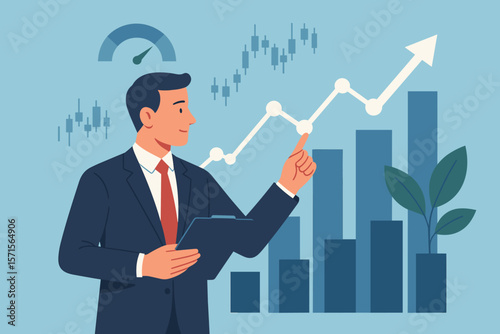 Businessman analyzing stock market trend and economic graph indicators. Sustainable growth in financial investment. Business strategy for success. Flat vector cartoon concept.