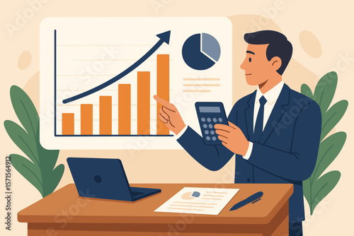 Businessman analyzing data for long term investment growth. Financial advisor calculating company profit. Business strategy and planning for target goals. Economic analysis.