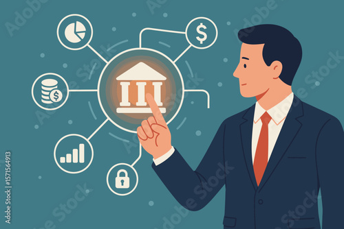 Businessman hand touching central banking icon on a virtual interface. Financial technology, fintech, online banking, secure transactions, investment, and big data analysis concept.