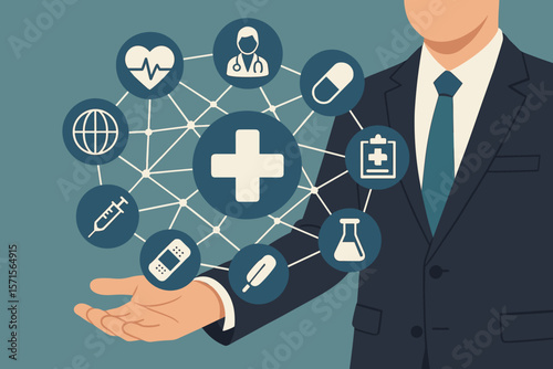 Businessman holding virtual medical healthcare icons. Health insurance concept. Digital technology with medical network connection. Telemedicine and global health vector illustration.