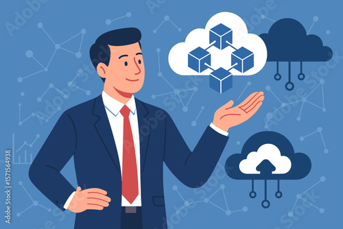 Businessman presenting blockchain network and cloud computing technology. Big data innovation, digital transformation, online connectivity, IT solutions, modern vector illustration