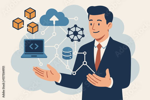 Businessman presenting blockchain network, cloud computing, big data integration, digital innovation, technology solutions, database, coding, modern flat vector illustration