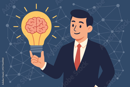 Businessman holding glowing light bulb with brain inside, creative idea, imagination, innovation, science inspiration, solution analysis, network connection, business concept