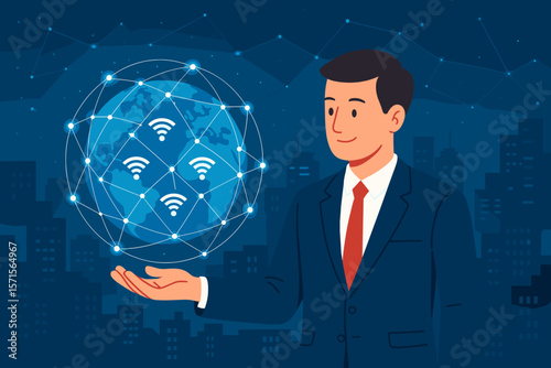Businessman in suit holding global wireless telecommunication network, smart internet connection, cyber technology, digital communication, cityscape background, modern connectivity