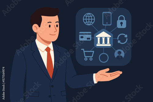 Businessman presenting digital banking interface with financial icons, online payment, e-commerce, network security, mobile banking, fintech innovation, modern technology concept