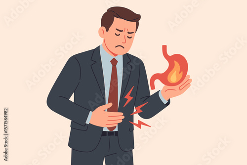 Businessman in suit suffering stomach pain, holding burning stomach icon. Concept of gastritis, GERD, acid reflux, heartburn, digestive disorder, abdominal pain, healthcare illustration